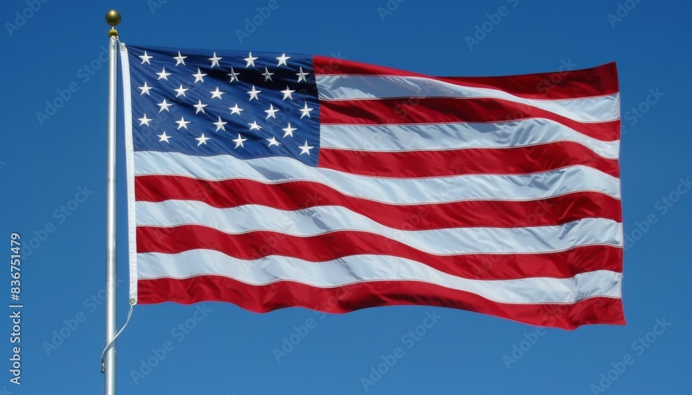 Fototapeta premium Flag of United States of America being waved in the breeze against a sky. USA flag