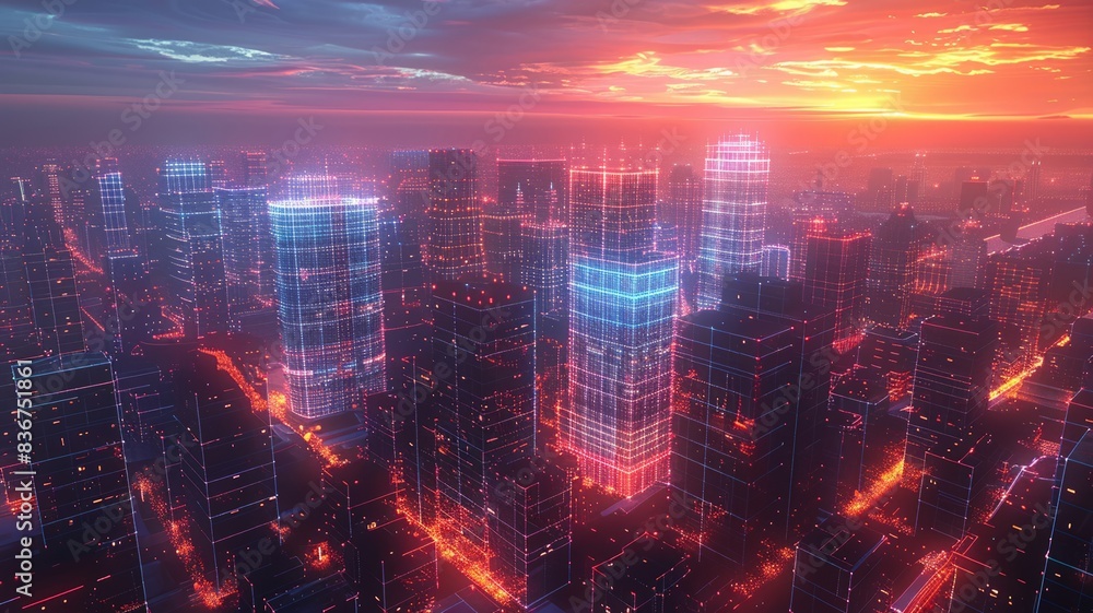 Sunset over a futuristic city with glowing grid buildings Sunset over a futuristic city with glowing grid buildings
