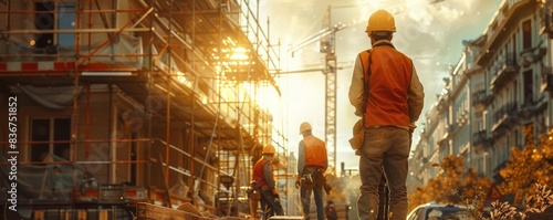 Labor Day Construction Workers Focus on construction workers building a structure, with a crane and scaffolding in the background, empty space left for text