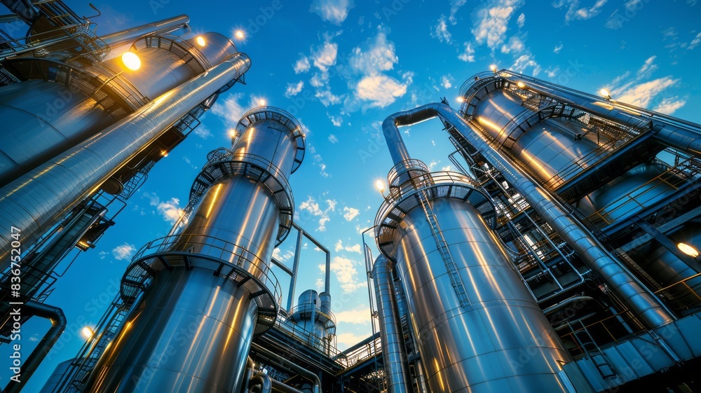 Close-up view of industrial silos with dramatic lighting Close-up view of industrial silos with dramatic lighting