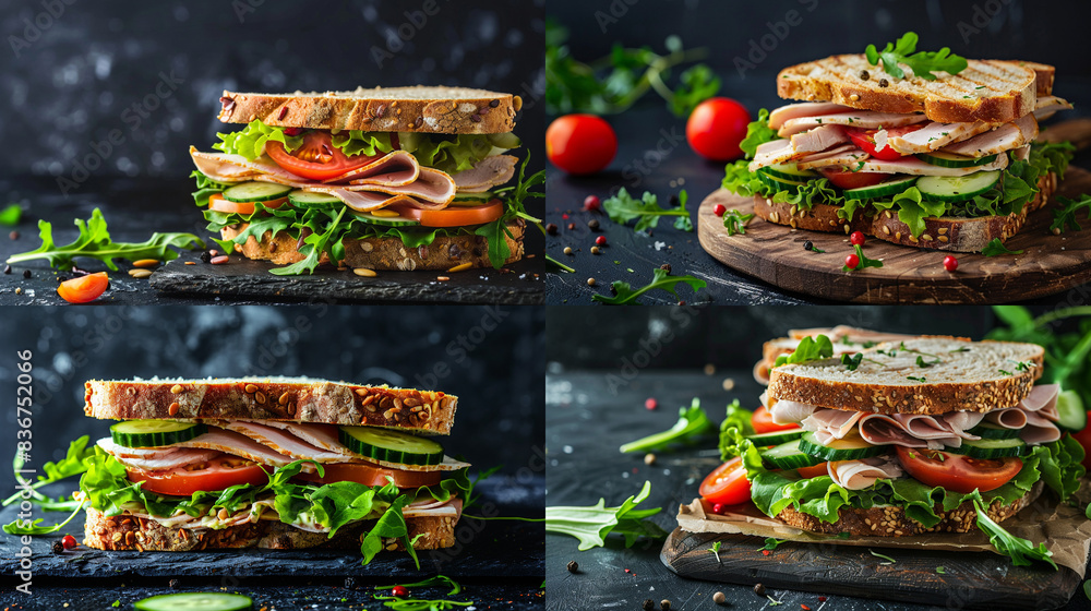 Delicious Turkey, Tomato, and Cucumber Sandwiches on Dark Background Delicious Turkey, Tomato, and Cucumber Sandwiches on Dark Background