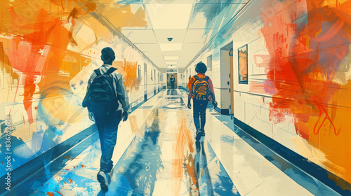 education background of a corridor with dynamic colours and people walking