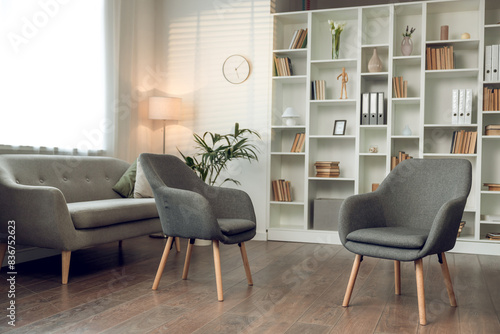 Psychologists office with cozy chairs sofa and shelves with books