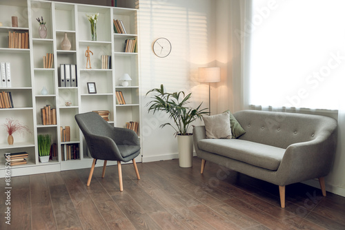 Psychologists office with cozy chairs sofa and shelves with books