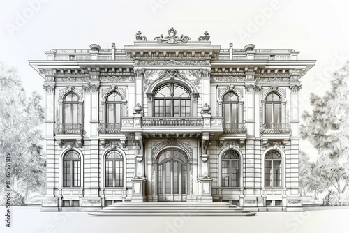 sketch perspective of facade design by BEAUX ARTS style