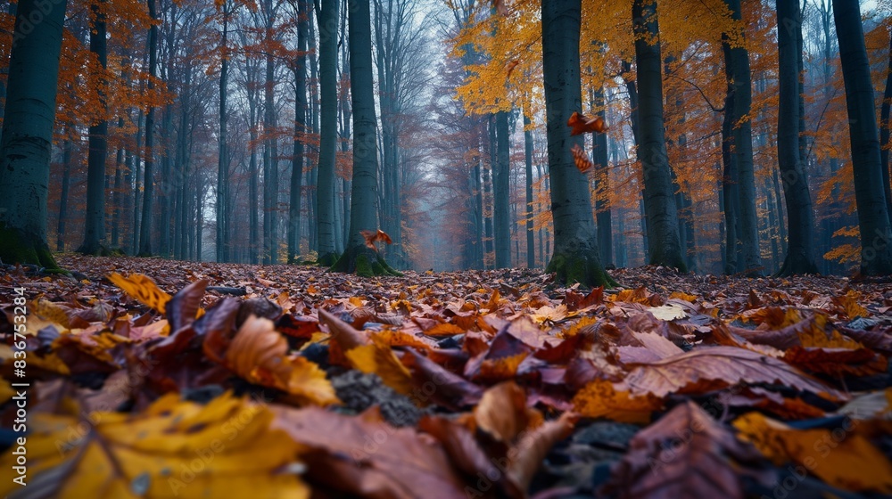 A cluster of colorful autumn leaves on the forest floor , with sunlight filtering through the trees A cluster of colorful autumn leaves on the forest floor , with sunlight filtering through the trees