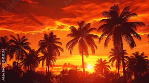 A cluster of palm trees silhouetted against a fiery sunset sky