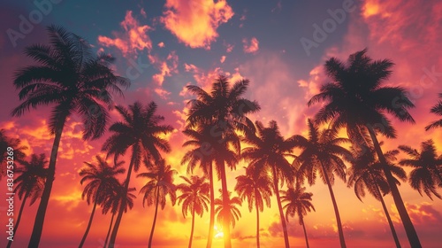 A cluster of palm trees silhouetted against a fiery sunset sky