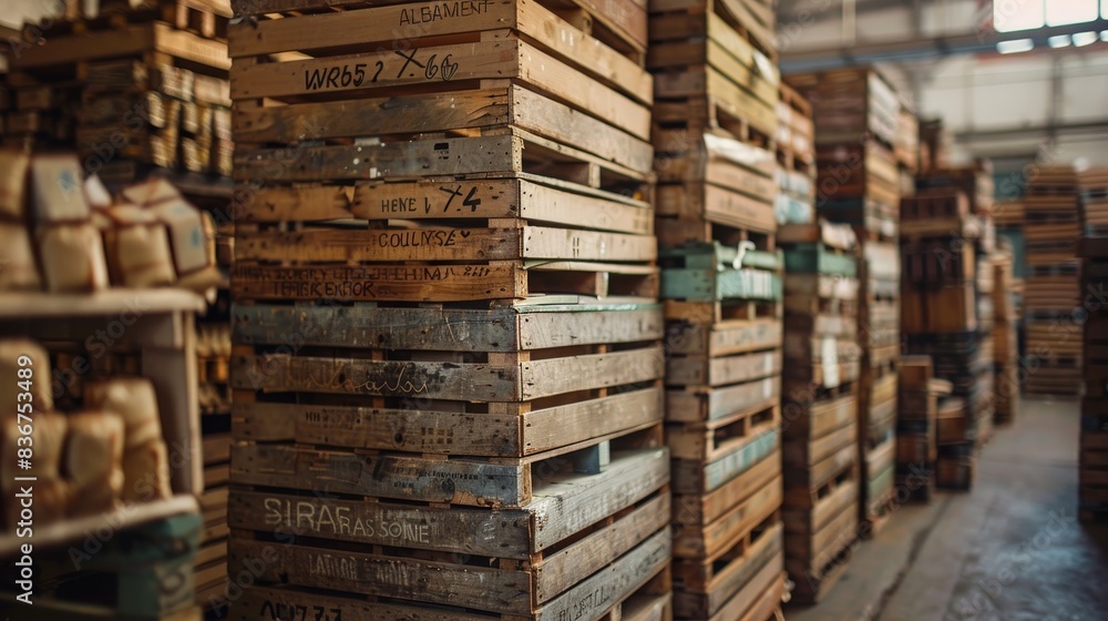 Stacked wooden crates with company branding, filled with artisanal chocolates, in a shipping facility Stacked wooden crates with company branding, filled with artisanal chocolates, in a shipping facility