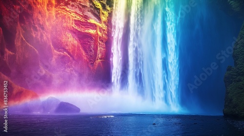 A colorful rainbow arching over a waterfall  creating a magical and vibrant scene