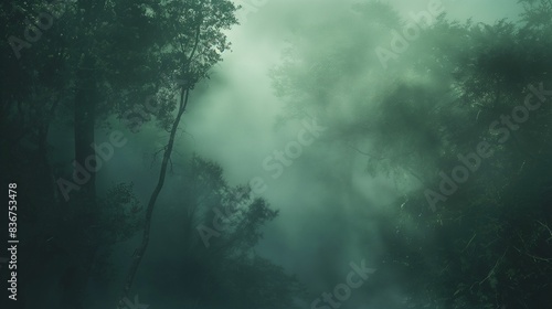 A dense fog rolling over a tranquil forest  creating an ethereal atmosphere