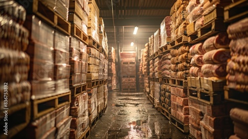 Stacked crates of premium hams, each carefully wrapped and labeled, in a dimly lit storage room