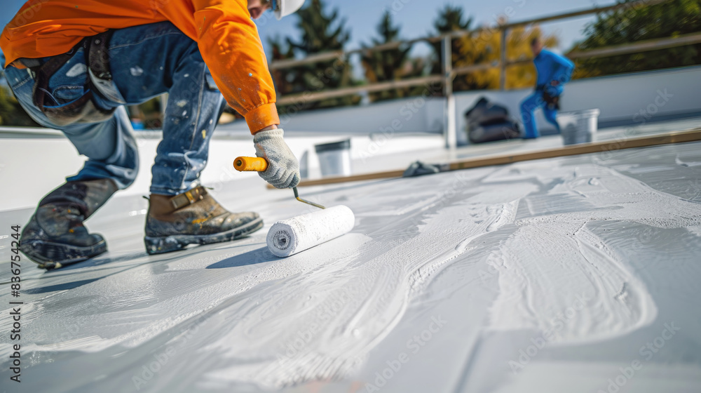 Hand painted gray flooring with paint rollers for waterproof, reinforcing net, Repairing waterproofing deck flooring. Hand painted gray flooring with paint rollers for waterproof, reinforcing net, Repairing waterproofing deck flooring.