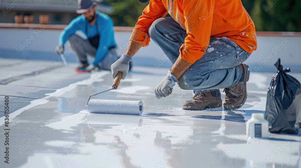 Hand painted gray flooring with paint rollers for waterproof, reinforcing net, Repairing waterproofing deck flooring. Hand painted gray flooring with paint rollers for waterproof, reinforcing net, Repairing waterproofing deck flooring.