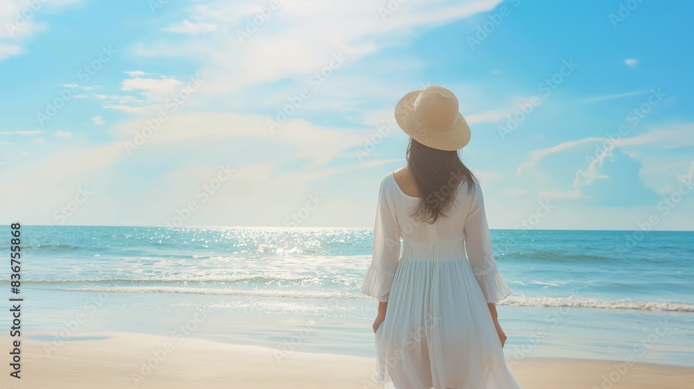 A Woman in White Dress Enjoying Tropical Beach Vacation, Back View A Woman in White Dress Enjoying Tropical Beach Vacation, Back View