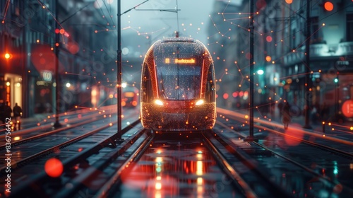 A modern tram illuminated by digital lights, traveling through a city street at night. The scene combines urban transportation with futuristic technology and a network of glowing data points photo