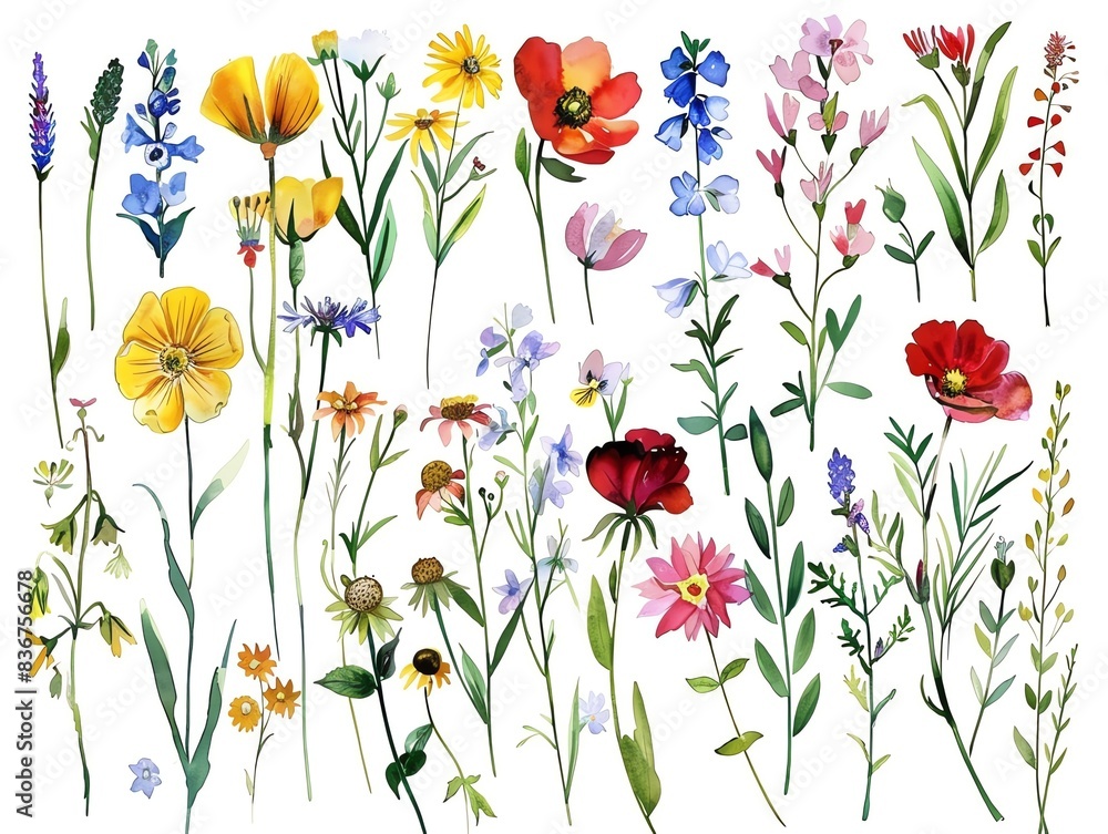 Fototapeta premium Wildflowers collection, watercolor painting, summer hues, wet technique, white background, arranged with spacing, front view, natural and vivid
