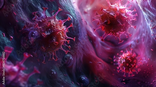 A detailed visualization of cancer cells in a vibrant and dynamic environment, showcasing the complexity and aggressiveness of cancerous growths at a microscopic level, AI-generated photo