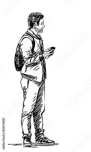 Young man with mobile phone in his hand looking at someone and smiling, Hand drawn illustration, Vector sketch