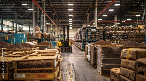 Rows of packed crates filled with coffee beans, forklifts and workers preparing for shipment in a bustling warehouse