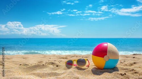 Colorful Beach Ball and Sunglasses on Sandy Shore with Blue Ocean Background