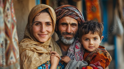 Iranian family. Iran. Families of the World. Portrait of a smiling family with traditional attire in front of a colorful background. .  fotw © Vivid Canvas