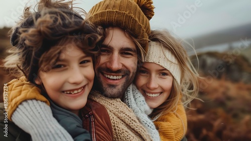 Irish family. Ireland. Families of the World. A happy family consisting of a child and two adults wearing warm clothing and smiling outdoors in a fall setting.. #fotw