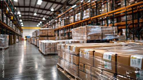 Pallet of crates wrapped in plastic, filled with pill bottles, in a large, well-organized distribution center