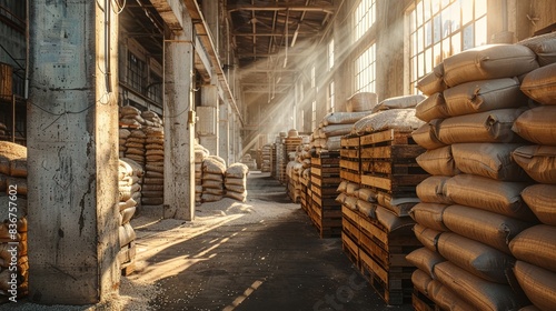Wallpaper Mural Packed wooden crates filled with rice sacks stacked in a warehouse, industrial setting with soft sunlight filtering through windows Torontodigital.ca