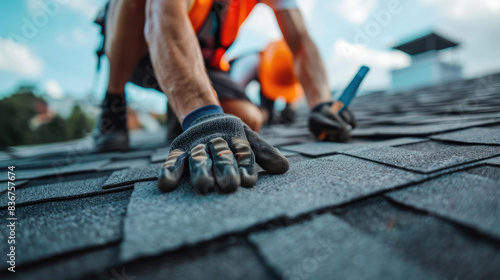 Roofer worker in special protective work wear and gloves  installing asphalt or bitumen shingle on top of the new roof under construction residential building