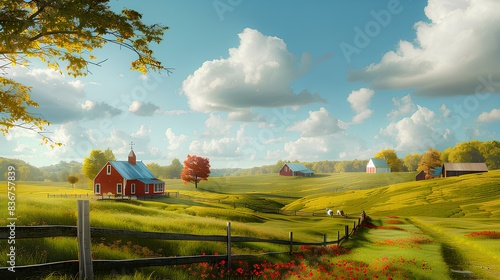 Countryside Farm Background. Countryside farm with rolling hills, farmhouses, and green fields. Peaceful rural landscape. photo