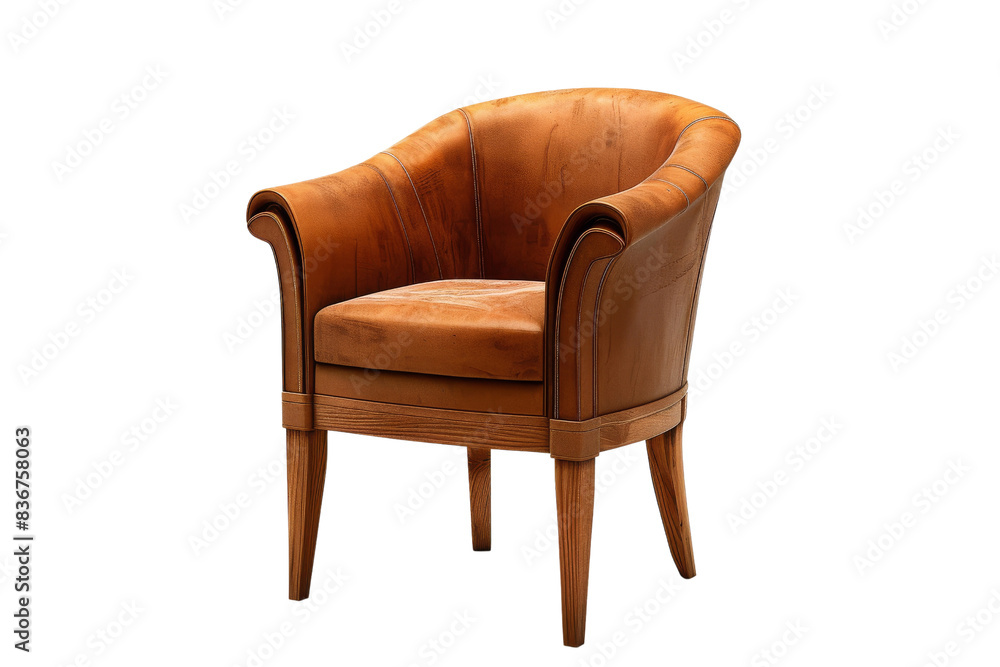Fototapeta premium Brown Leather Armchair with Wooden Legs