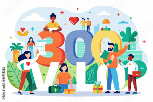 people standing around the number 30 with gifts, Volunteering for 30 hours a month fosters a strong sense community