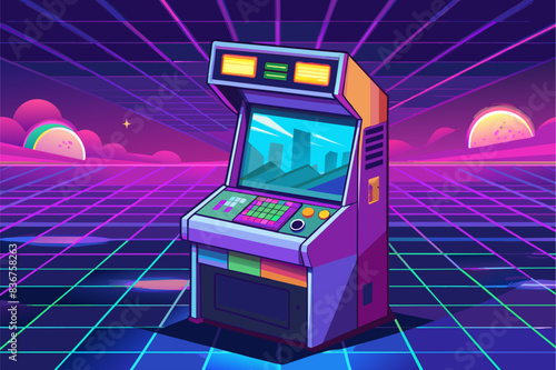 old arcade machine with a retro style screen, Vaporwave arcade cabinet with a holographic game screen and neon joystick buttons