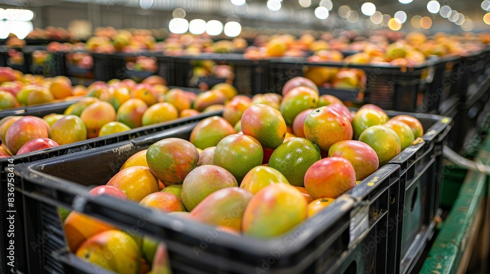 Packed crates of premium mangoes with quality control tags, set for shipment in a bright, clean packing area