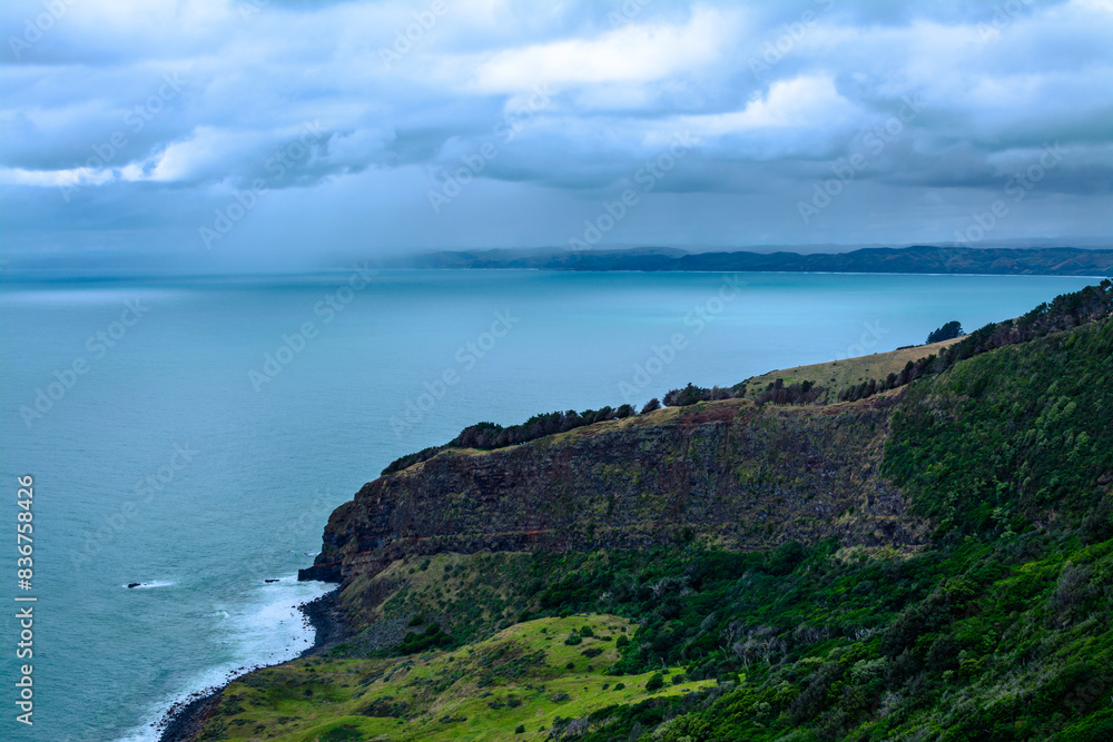 Fototapeta premium Panoramic view over Te Toto Gorge and Tasman Sea on an overcast summer day. High vantage point. Raglan, New Zealand