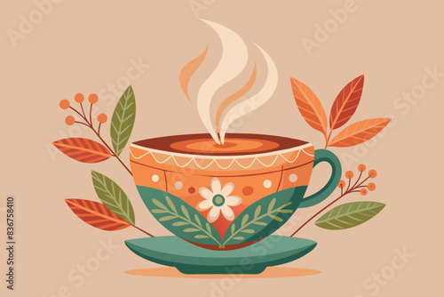 a cup of coffee with a flower on the side, Terracotta teacup with floral designs, steaming with a single tea leaf floating on top
