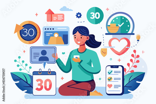 a woman sitting on the ground with a phone and a calendar, Taking a social media detox improves mental well-being and real-life interactions
