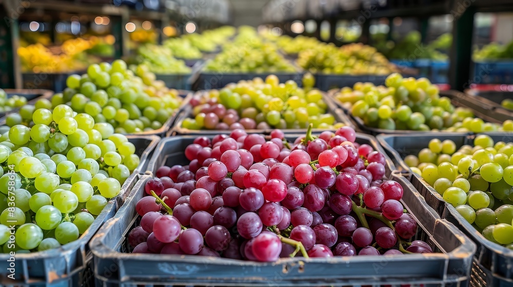 Packed crates of mixed red and green grapes, arranged in rows inside a cool storage facility Packed crates of mixed red and green grapes, arranged in rows inside a cool storage facility