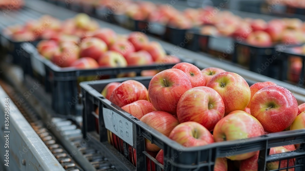 Packed crates of apples with shipping labels, sitting on a conveyor belt in a distribution center Packed crates of apples with shipping labels, sitting on a conveyor belt in a distribution center
