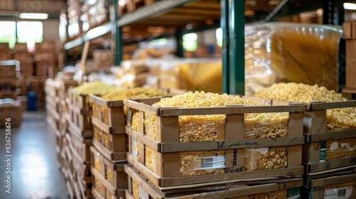 Packed crates of artisanal pasta, labeled with shipment details, in a bustling packaging facility