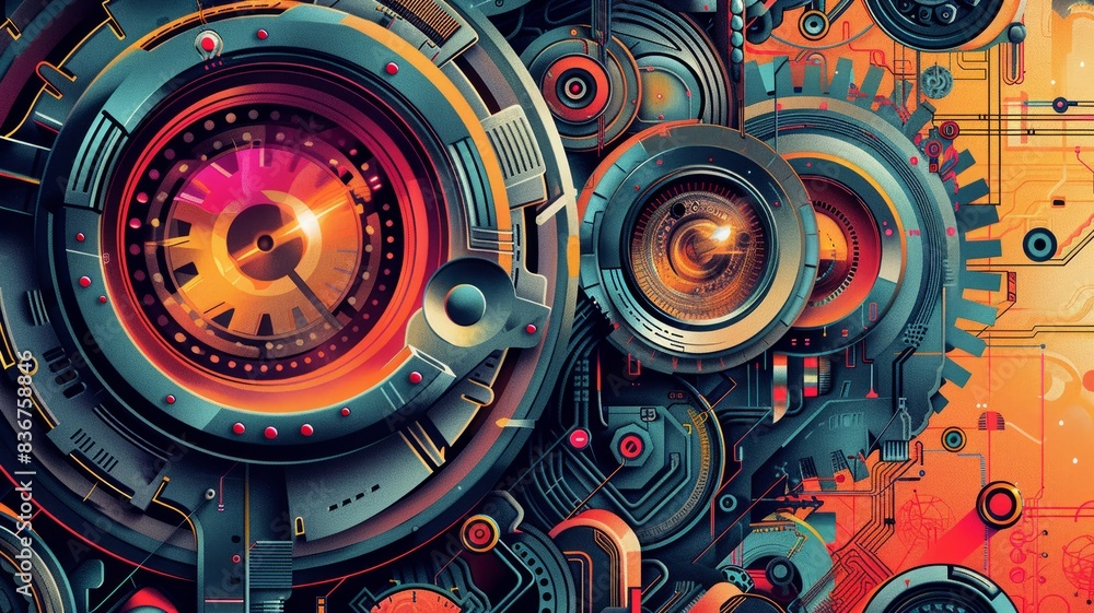 A close-up of intricate mechanical gears with vibrant colors and detailed design A close-up of intricate mechanical gears with vibrant colors and detailed design