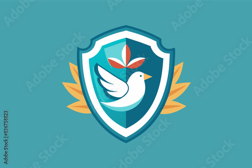 a bird with a leaf head and shield logo with a leaf on it, Minimalist vector artwork shield with a dove, symbolizing peace and protecting vulnerable communities