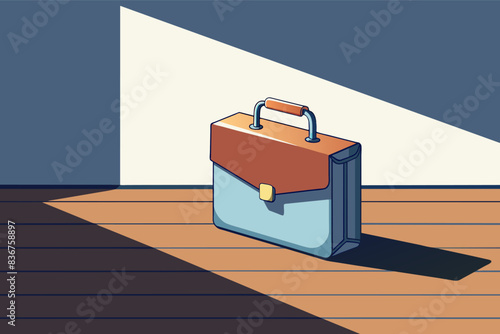 Minimalist line art briefcase with document peeking out, casting long shadow on polished marble floor