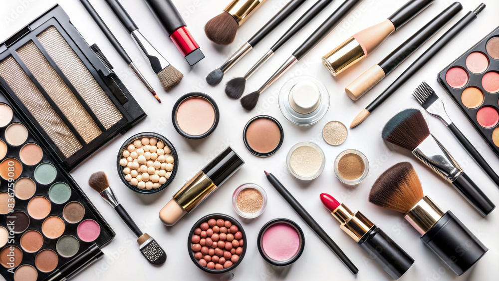 A variety of makeup products on a white background, neatly arranged and ready to use. Eyeshadow palettes, brushes, red lipsticks and face powders, offering a wide spectrum of colors and textures.AI ge A variety of makeup products on a white background, neatly arranged and ready to use. Eyeshadow palettes, brushes, red lipsticks and face powders, offering a wide spectrum of colors and textures.AI ge