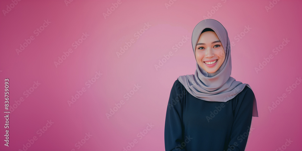 Fototapeta premium A portrait of a young smiling Muslim woman wearing a gray hijab against a pink background studio with copy space for text