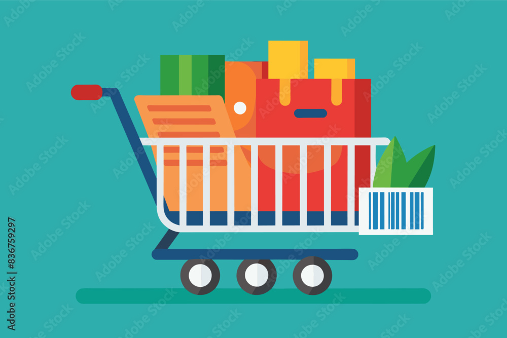 a shopping cart filled with groceries, Flat design shopping cart with minimal icons representing groceries inside and a single, geometric barcode on the side a shopping cart filled with groceries, Flat design shopping cart with minimal icons representing groceries inside and a single, geometric barcode on the side