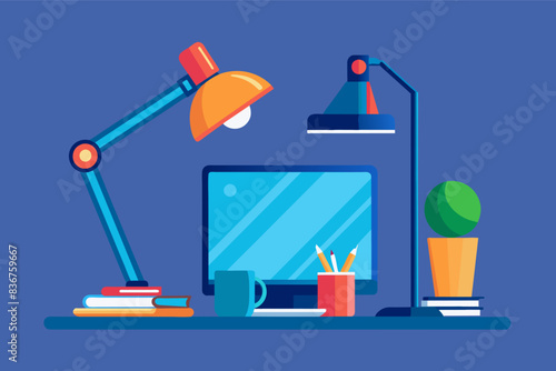 a laptop computer sitting on a desk with a lamp, Detailed vector designsleek modern desk lamp illuminating clean workspace with laptop and notepad