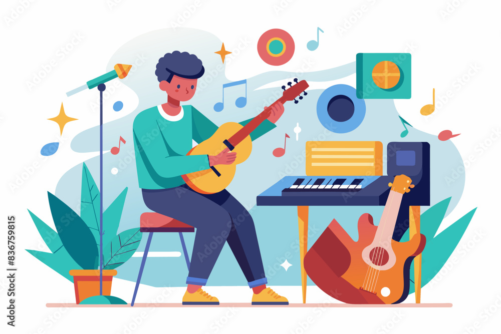 a man playing guitar and a keyboard, Daily practice on a musical instrument leads to improvement in playing ability a man playing guitar and a keyboard, Daily practice on a musical instrument leads to improvement in playing ability