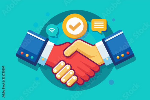 two hands shaking with a clock above them, Detailed vector designbusiness handshake with handshake emoji superimposed on top for a modern twist photo